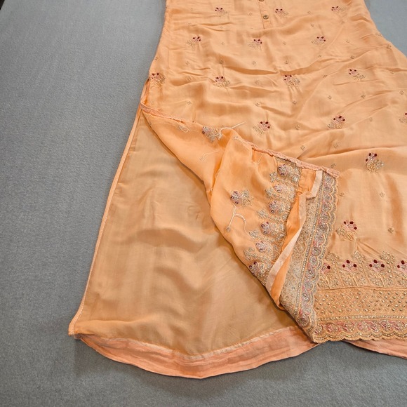 Peach Embroidered Kurta Tunic Women Long Sleeve Floral Sequin Scalloped Hem - Picture 7 of 9